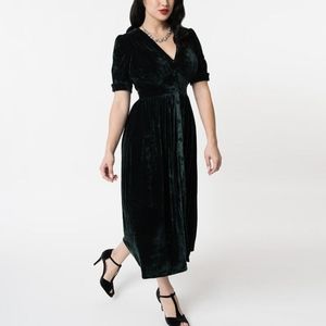 Hunter green velvet midi dress